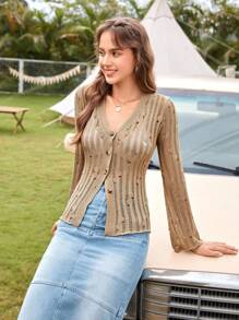 Soleia Button Front Pointelle Knit Cardigan