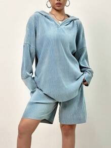 SHEIN Unity Drop Shoulder Hooded Top & Shorts - Blue - View 3