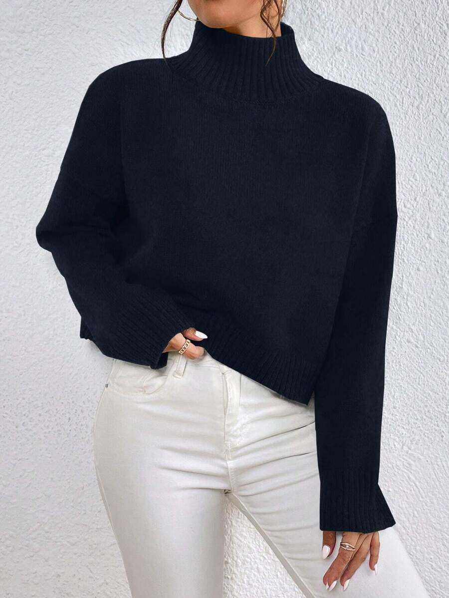 EMERY ROSE High Neck Drop Shoulder Sweater,Long Sleeve Tops Knit Pullover Fall Winter Outfit - Black - View 1