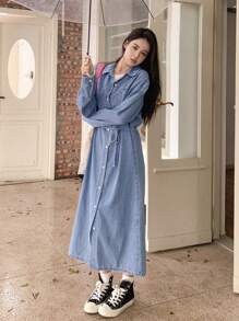 DAZY Solid Button Through Belted Denim Dress,Fall Clothes - Blue - View 5