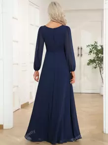 EVER-PRETTY Elegante vestido de dama de honor de gasa con cuello redondo y manga farol en azul marino para invitados de boda