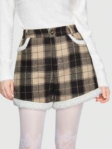 ROMWE Kawaii Plaid Pattern Teddy Panel Shorts - Multicolor - View 6
