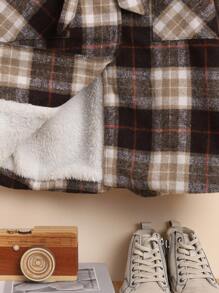 SHEIN Tween Girl Plaid Print Waterfall Collar Teddy Lined Belted Overcoat - Coffee Brown - View 6