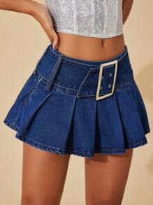 SHEIN BAE Falda en mezclilla con diseño con hebilla bajo fruncido - Azul lavado oscuro - Ver 6
