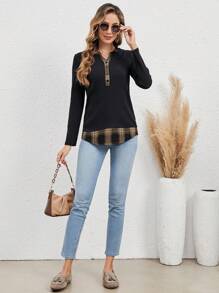 EMERY ROSE Plaid Print Half Button Tee - Khaki - View 5