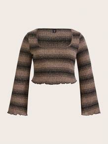 SHEIN ICON 大碼條紋印花木耳邊T恤 - 杏色 - 查看 1