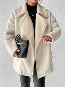 SHEIN Frenchy Lapel Neck Drop Shoulder Teddy Lined Zipper Coat Winter Casual - Apricot - View 6