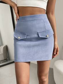 Chiquease 高腰翻蓋細節包臀半身裙 - 淺藍色 - 查看 5