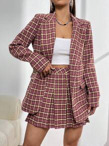 SHEIN Unity 格紋印花西裝領西裝外套&百褶半身裙 - 紫色 - 查看 5