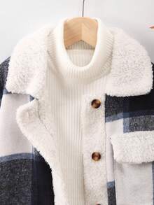 男大童1入組格紋印花羊絨領口翻蓋口袋毛絨內襯外套 - 藍色 - 查看 7