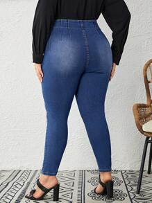 SHEIN LUNE 大碼高腰前紐扣緊身牛仔褲 - 藍色 - 查看 2