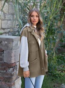 SHEIN LUNE Two Tone Flap Pocket Drop Shoulder Hooded Coat