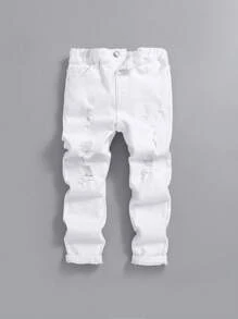 SHEIN Young Boy Ripped Frayed Jeans - White - View 1