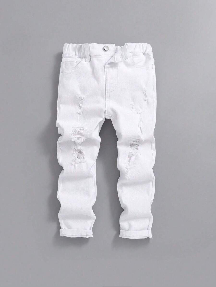 SHEIN Young Boy Ripped Frayed Jeans - White - View 1