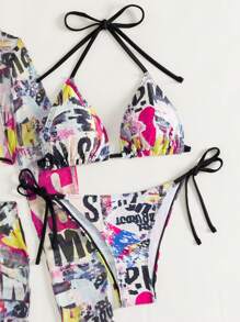 Graffiti Print Separated Bikini Set Four-Piece Set Summer Beach - Multicolor - View 3