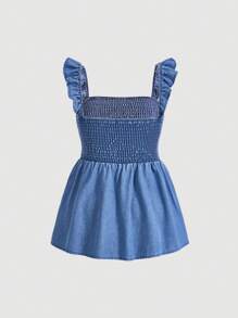 SHEIN MOD 大碼荷葉邊荷葉邊下擺腰牛仔上衣 - 淺色水洗藍 - 查看 2