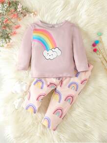 Baby Girl Rainbow Print Tee & Pants - Pink - View 1