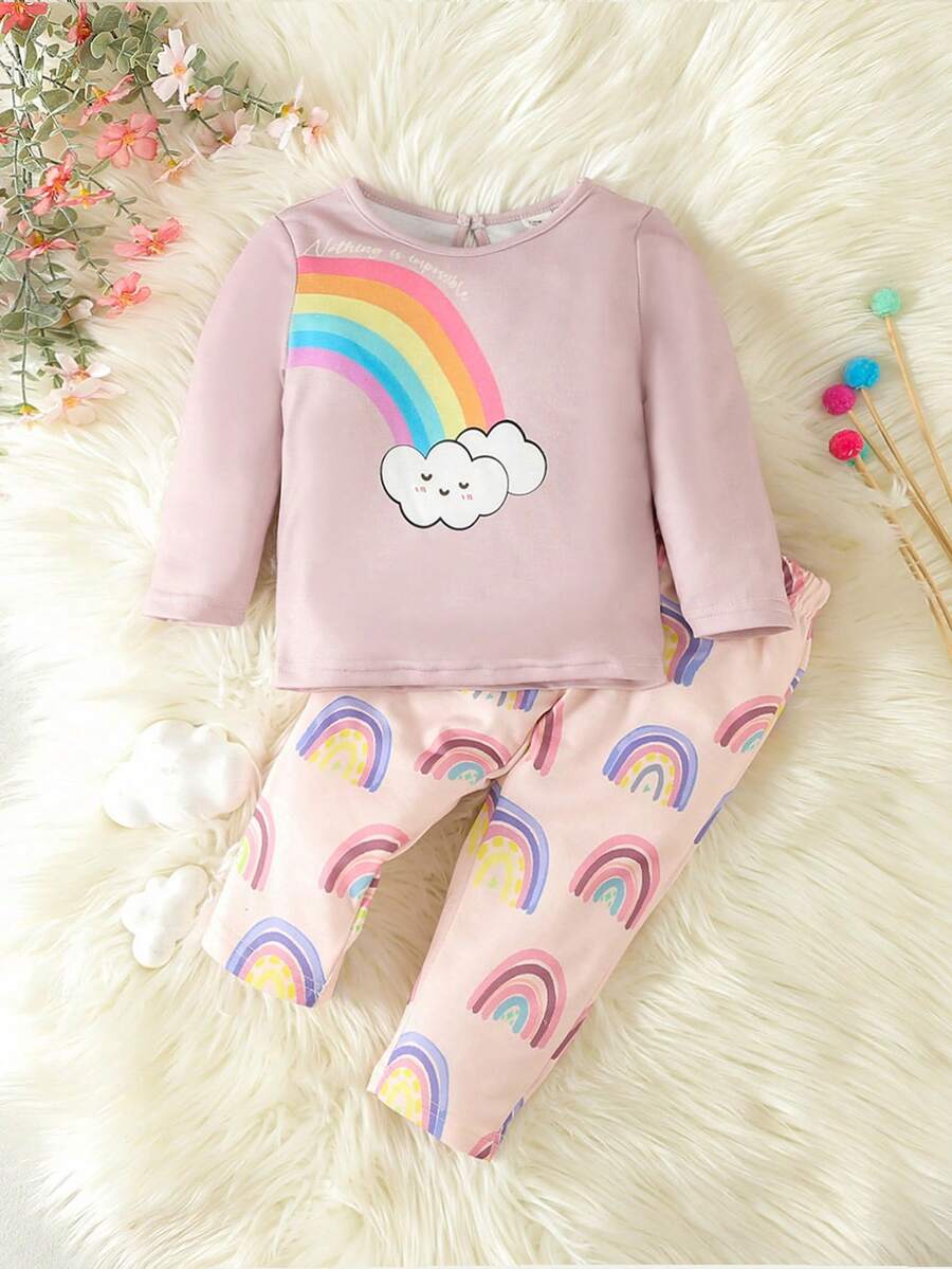 Baby Girl Rainbow Print Tee & Pants - Pink - View 1