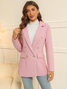 SHEIN Clasi 格紋雙排釦花呢外套 - 粉色 - 查看 5