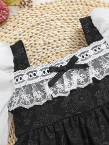 SHEIN 女嬰刺繡網紗邊喇叭袖花卉圖案提花洋裝 - 黑色 - 查看 4