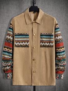 GENTILAND 超大尺寸男士几何印花双口袋灯芯绒外套衬衫 - 彩色 - 查看 1