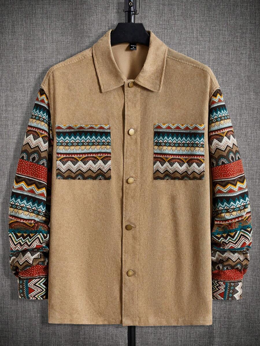 GENTILAND 超大尺寸男士几何印花双口袋灯芯绒外套衬衫 - 彩色 - 查看 1