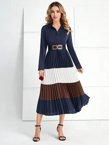 EMERY ROSE 撞色百褶下擺襯衫洋裝 - 藏蓝色 - 查看 3