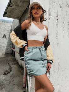 SHEIN Unity Drawstring Side Ruched Skirt - Army Green - View 5