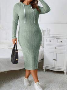SHEIN Essnce 加大码罗纹针织抽绳卫衣连衣裙 - 薄荷綠 - 查看 4