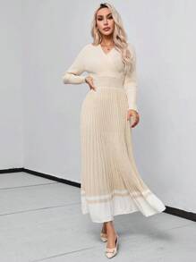 SHEIN Privé 撞色交疊領百褶下擺毛衣洋裝 - 卡其色 - 查看 3