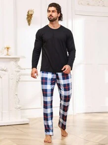 Men Plaid Print PJ Pants - Navy Blue - View 1
