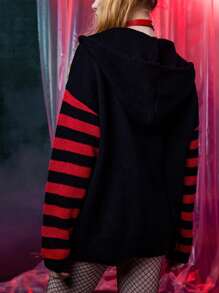 Harley Quinn | ROMWE Cardigan righe & motivo lettera spalle cadenti con zip con cappuccio - Multicolore - Visualizzare 5