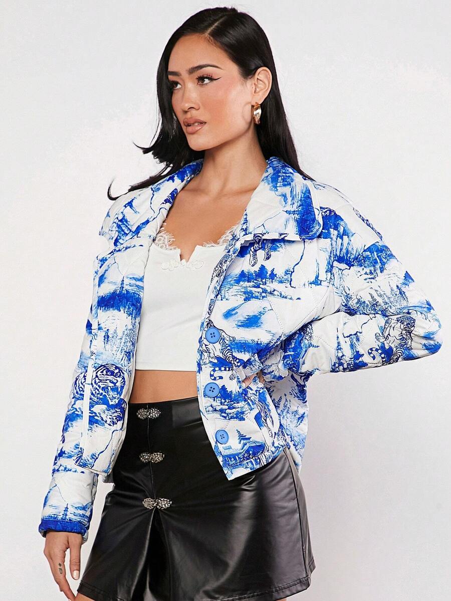 EastFlair Tie Dye Drop Shoulder Padded Coat - Multicolor - View 1