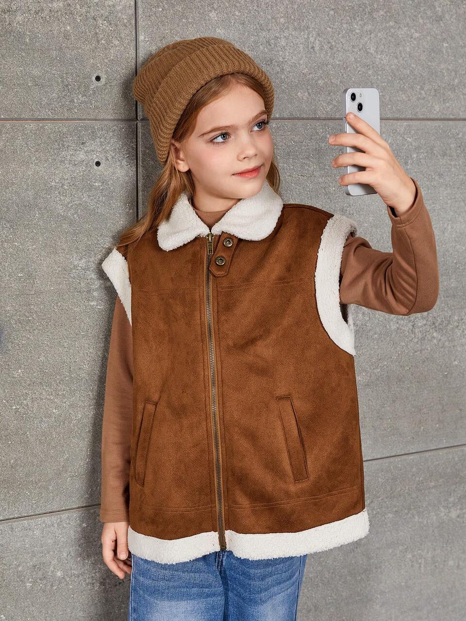 Tween Girl 1pc Zip Up Faux Suede Vest Coat