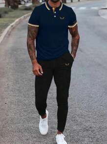 Manfinity Homme 男士鹿角圖案拼接邊POLO衫和運動褲 - 藍色 - 查看 1