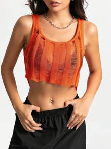 SHEIN Unity 素色破洞針織短上衣 - 橘色 - 查看 8