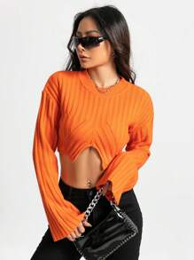 Flirla Áo len chui đầu dáng ngắn, vạt không đối xứng, màu trơn, thích hợp cho mùa thu đông. - trái cam - Xem 6