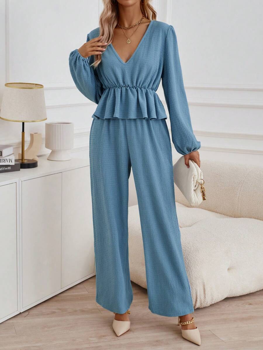 SHEIN Clasi Lantern Sleeve Peplum Top & Wide Leg Pants - Dusty Blue - View 1