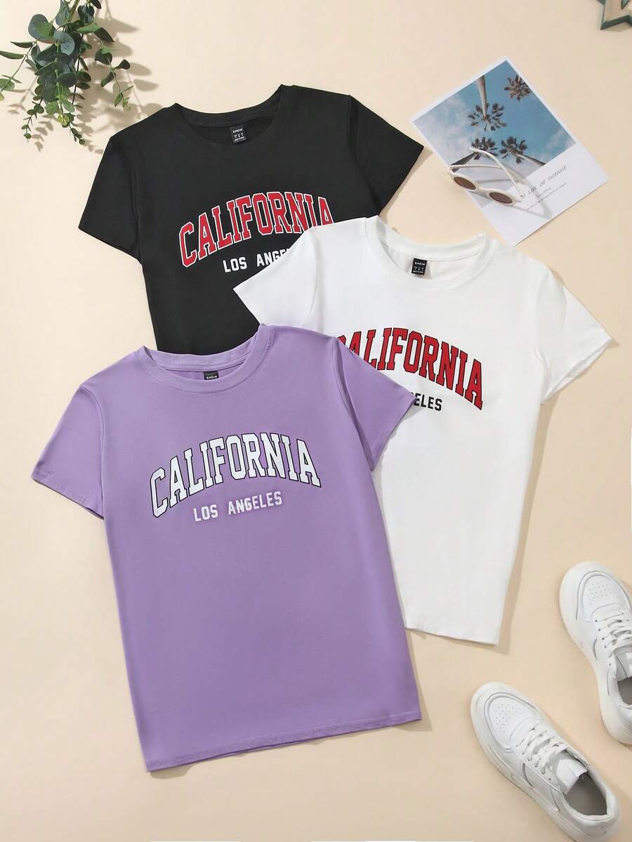 SHEIN Unity 3pcs Letter Graphic Tee - Purple - View 1