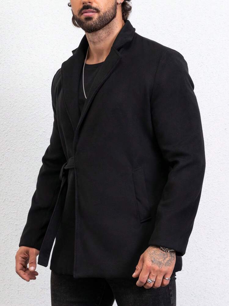 Men Lapel Neck Belted Overcoat