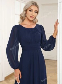 EVER-PRETTY Elegante vestido de dama de honor de gasa con cuello redondo y manga farol en azul marino para invitados de boda