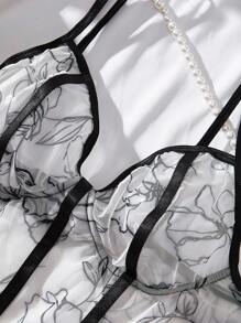 花卉刺繡網紗鋼圈性感緊身連體衣 - 黑與白 - 查看 4
