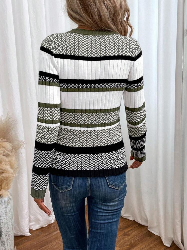 Striped Pattern Contrast Trim Sweater,Long Sleeve In Fall/Winter,Casual