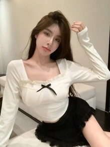 DAZY 纯色荷叶边蝴蝶结前襟短款长袖T恤女式上衣，秋季女装可爱上衣 - 白色 - 查看 2