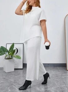 SHEIN Privé Plus Mock Neck Asymmetrical Hem Tee & Wide Leg Pants