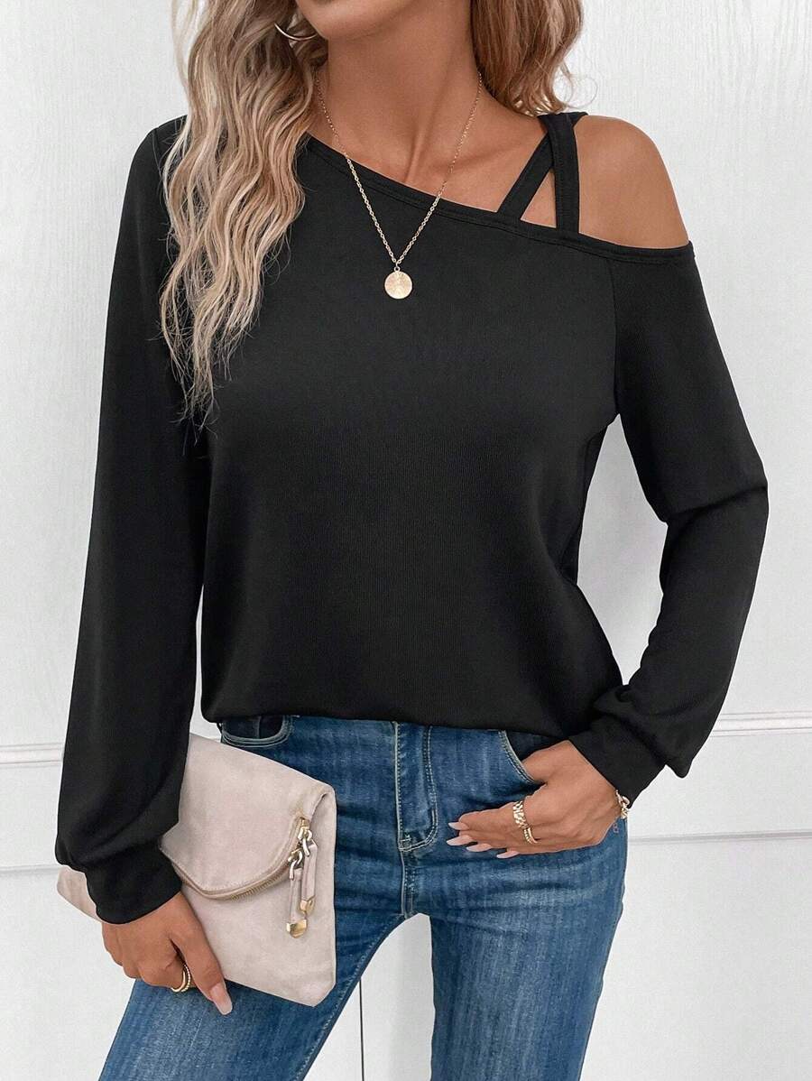 SHEIN LUNE Women's Casual Comfort Text I Love Paris Raglan Sleeve T-Shirt With Cross Straps And Cuffs - Black - View 1