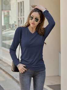 DAZY 纯色 V 领 T 恤，秋季服装学院风上衣，长袖女式上衣 - 藍色 - 查看 3
