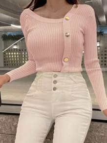 DAZY Chi tiết Nút Đồ đan Ribbed Áo len - Màu Hồng baby - Xem 4