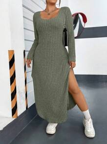 Flirla Plus Split Thigh Dress Maxi Women Outfit - Army Green - View 8