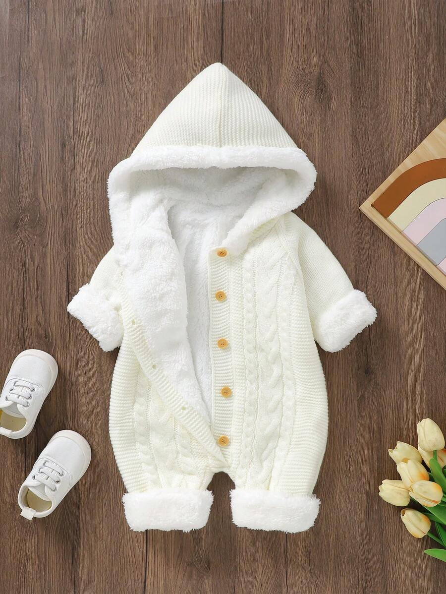 Baby Girl Button Front Hooded Cable Knit Jumpsuit - White - View 1